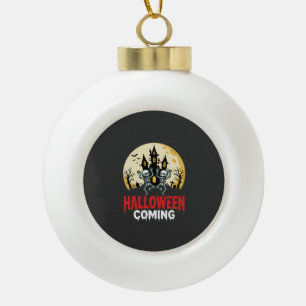 Halloween Coming Dancing Skeletons Haunted Castle  Ceramic Ball Christmas Ornament