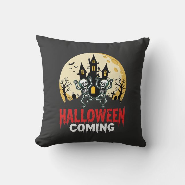 Halloween Coming Dancing Skeletons Haunted Castle  Throw Pillow (Front)