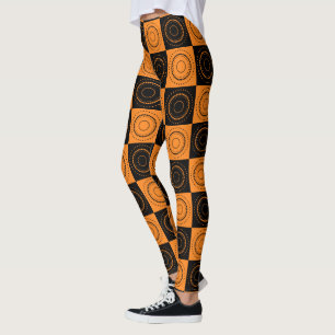 Halloween Concentric Orange and Black Polka Dots Leggings