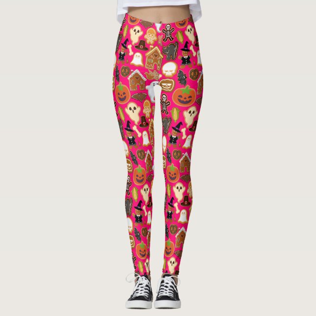 Halloween Cookies Pattern Collection B Pink BG Leggings (Front)