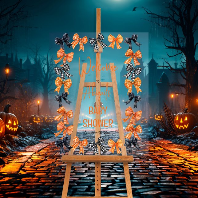 Halloween Coquette Black | Orange Bows Baby Shower Acrylic Sign (Halloween Coquette Black | Orange Bows Girl Baby Shower Clear Acrylic Sign)