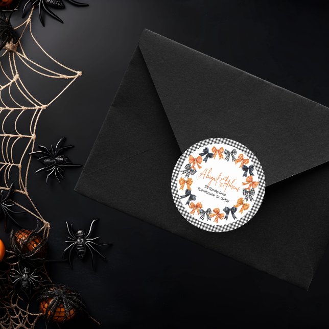Halloween Coquette Bows Return Address Classic Round Sticker (Halloween Coquette Black | Orange Bows Girl Baby Shower Return Address Envelope Seal Round Sticker)
