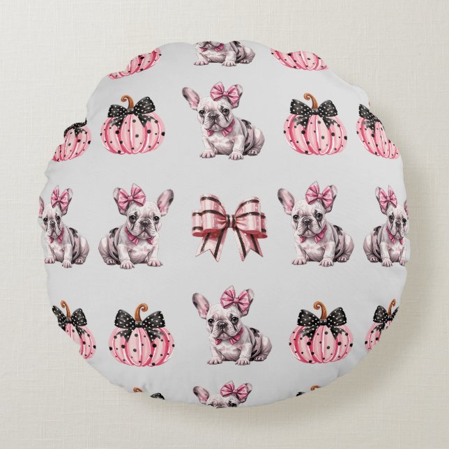Halloween Coquette Bulldog Bow pumpkin pink  Round Pillow (Front)