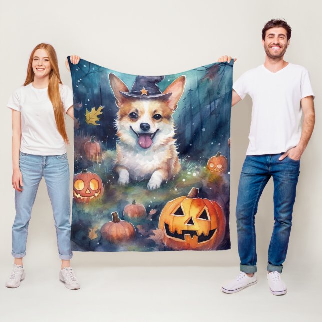 Halloween Corgi With Pumpkins Scary Fleece Blanket (In Situ)