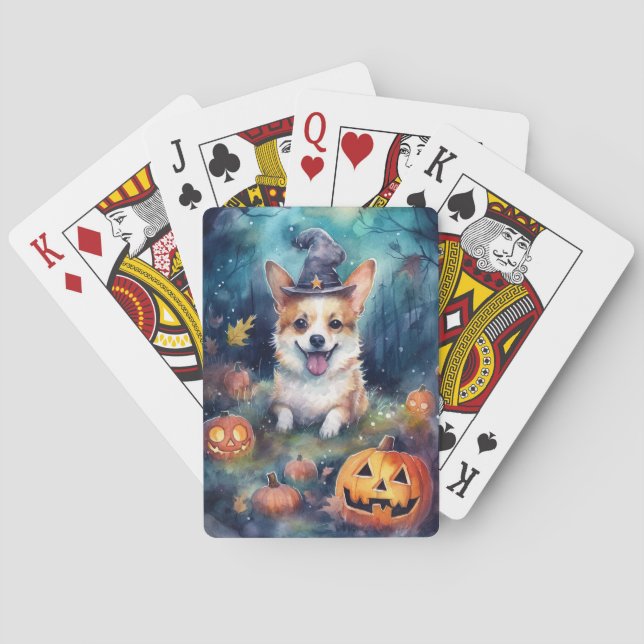 Halloween Corgi With Pumpkins Scary Playing Cards (Back)