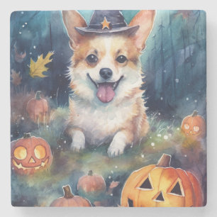 Halloween Corgi With Pumpkins Scary Stone Coaster