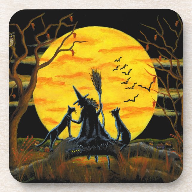 Halloween cork back coasters,witch,black,cats,bats coaster (Front)