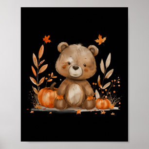 Halloween Costume Cute Bear Autumn Leaves Pumpkin Poster