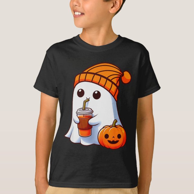 Halloween Costume Ghost Drinking Pumpkin Men Women T-Shirt (Front)
