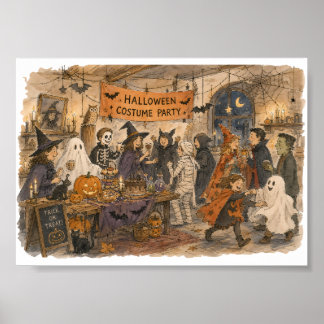 Halloween Costume Party Scene Illustration Poster