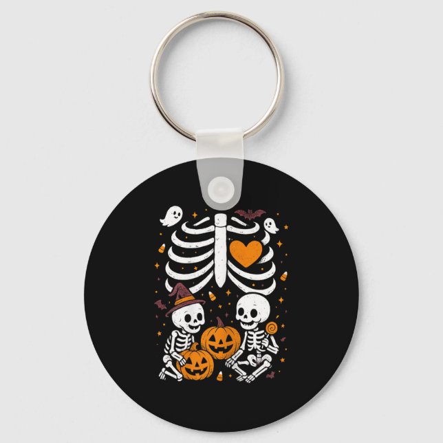 Halloween Costume Pregnant Woman Twins Pumpkin Rib Keychain (Front)