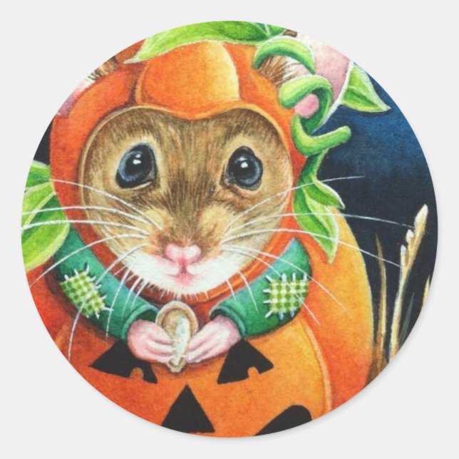 Halloween Costume Pumpkin Mouse Watercolor Art Classic Round Sticker (Front)