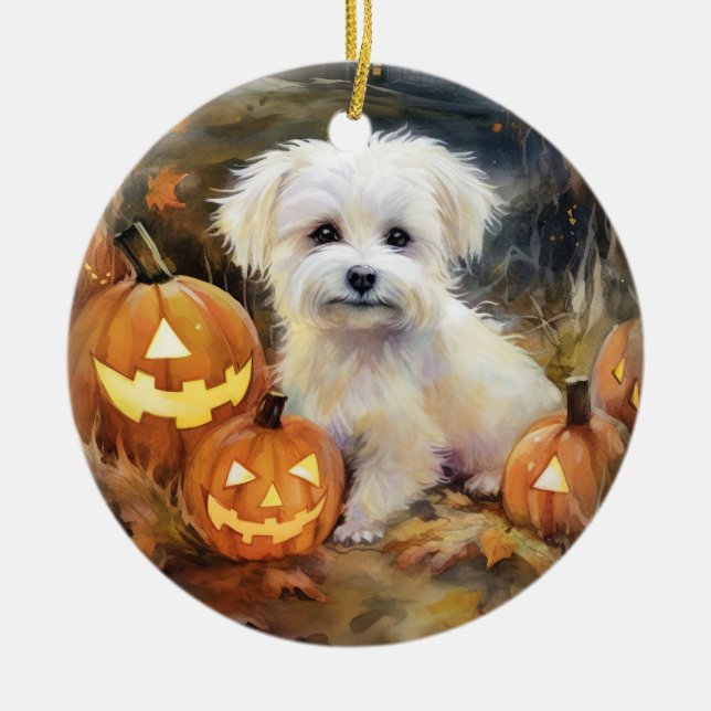 Halloween Coton De Tulear With Pumpkins Scary Ceramic Ornament (Front)