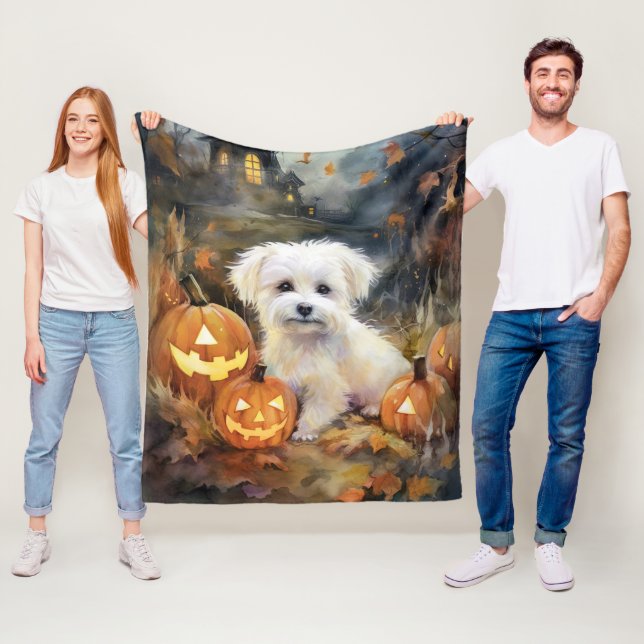 Halloween Coton De Tulear With Pumpkins Scary Fleece Blanket (In Situ)
