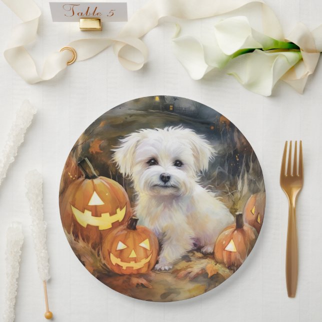 Halloween Coton De Tulear With Pumpkins Scary Paper Plate (Wedding)