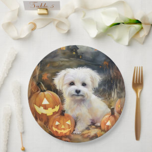 Halloween Coton De Tulear With Pumpkins Scary Paper Plate