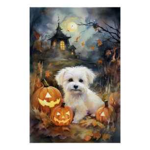 Halloween Coton De Tulear With Pumpkins Scary Poster