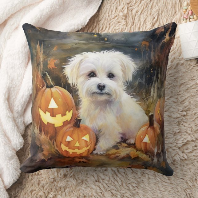 Halloween Coton De Tulear With Pumpkins Scary Throw Pillow (Blanket)