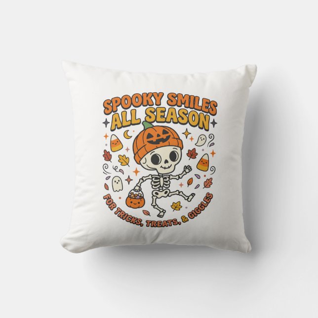 Halloween Cozy Skeleton Celebration Throw Pillow (Front)