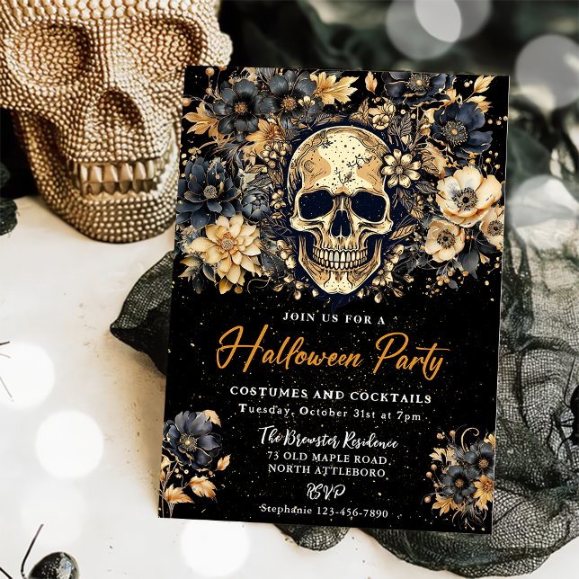 Halloween crâne noir et or Invitation de la fête d (Créateur téléchargé)