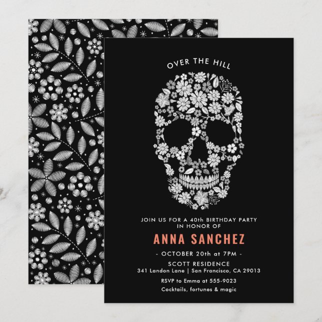 Halloween Crâne Noir Floral Invitation Anniversair (Devant / Derrière)