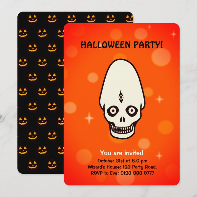 Halloween crâne sur invitation noir & orange (Devant / Derrière)