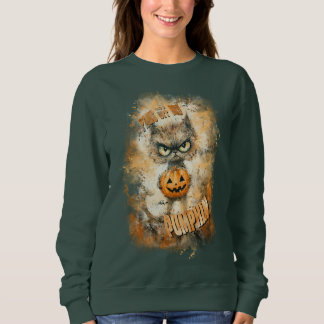Halloween Cranky Cat With Pumpkin Sweatshirt