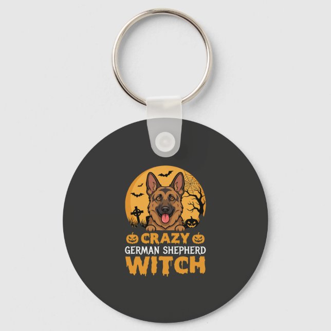 Halloween Crazy German Shepherd Witch Design Keychain (Front)