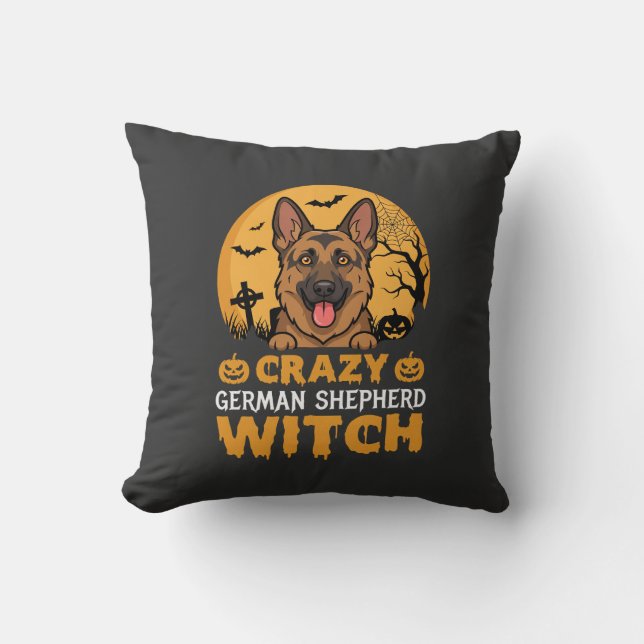 Halloween Crazy German Shepherd Witch Design Throw Pillow (Front)