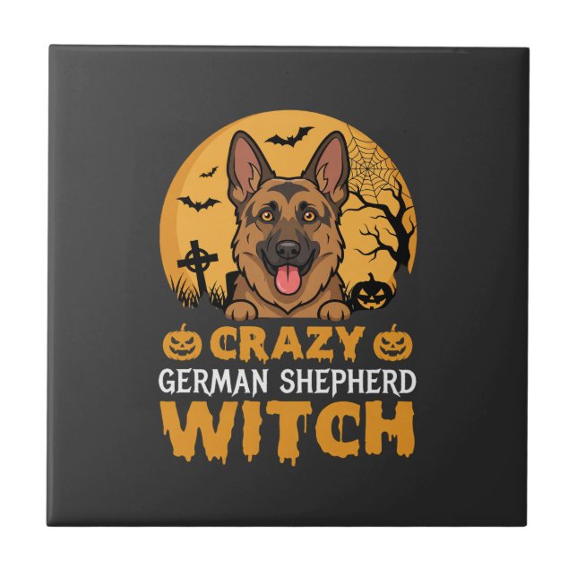 Halloween Crazy German Shepherd Witch Design Tile (Front)