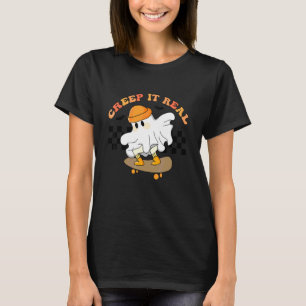 Halloween Creep It Real Retro Skateboarding Ghost  T-Shirt