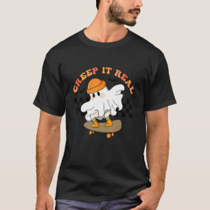 Halloween Creep It Real Retro Skateboarding Ghost  T-Shirt