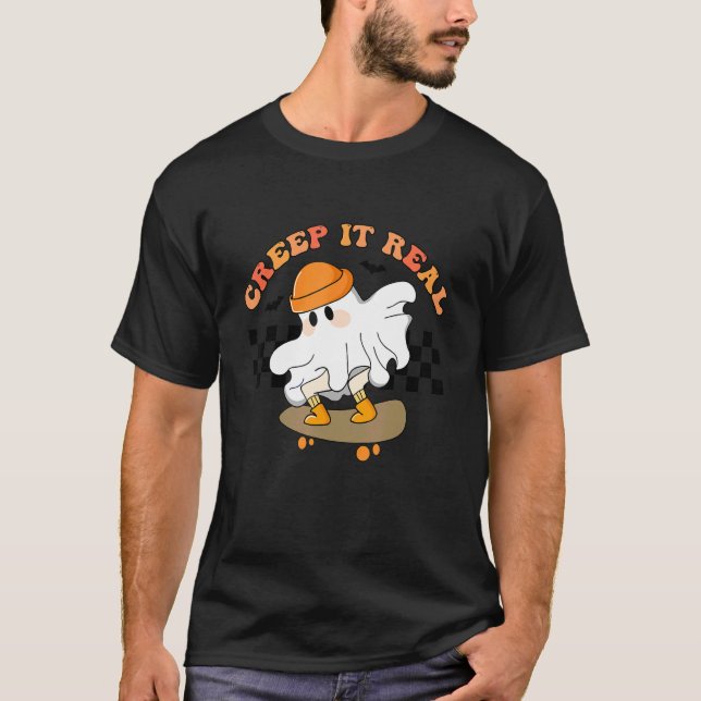 Halloween Creep It Real Retro Skateboarding Ghost  T-Shirt (Front)
