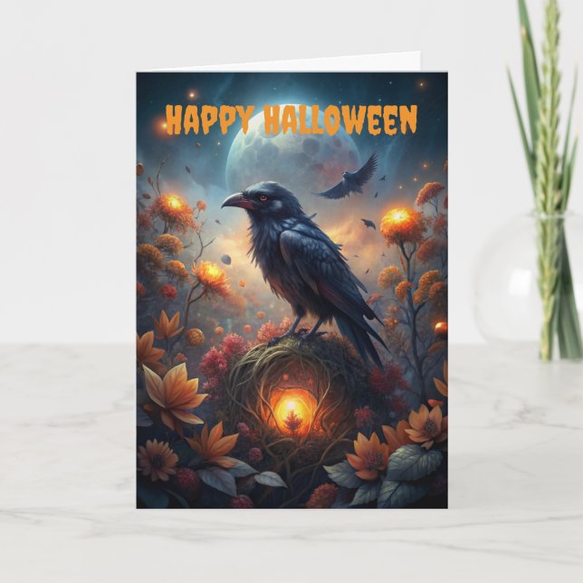 Halloween Creepy Bird Scene Holiday Card (Front)
