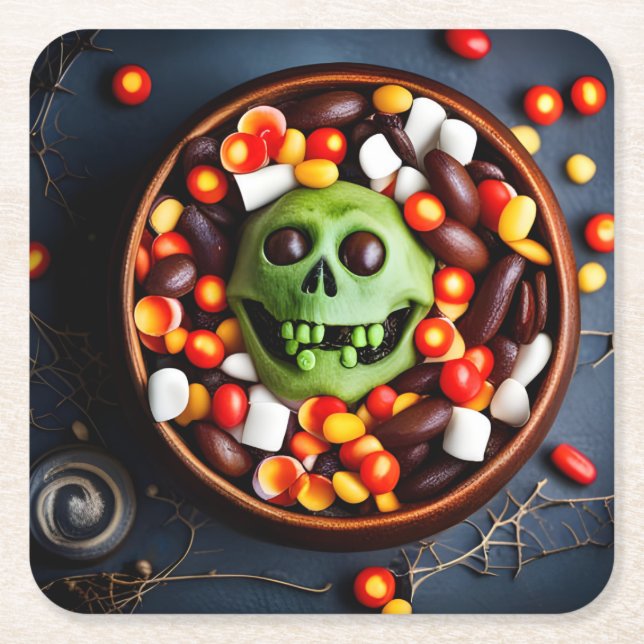 Halloween Creepy Candy Bowl Square Paper Coaster (Front)