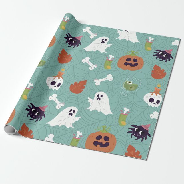 halloween creepy cocktail pumpkin ghost  wrapping paper (Unrolled)