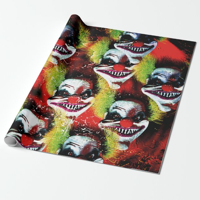 halloween creepy evil horror clown collage wrapping paper (Unrolled)