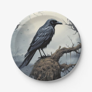 Halloween Creepy Raven Graveyard Cemetery Gothic Paper Plate