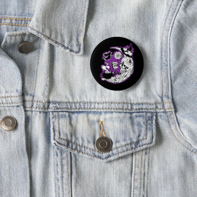 Halloween Crescent Moon Witch Skull 2 Inch Round Button (In Situ)