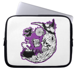 Halloween Crescent Moon Witch Skull Laptop Sleeve