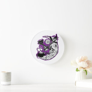 Halloween Crescent Moon Witch Skull Round Clock