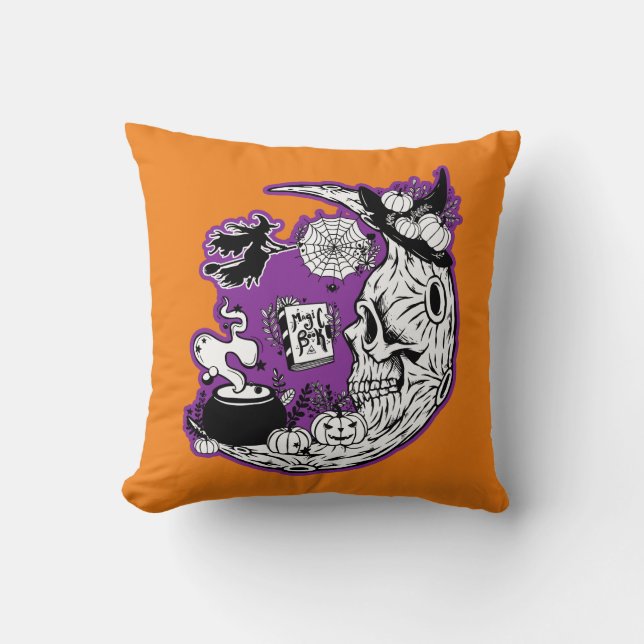 Halloween Crescent Moon Witch Skull Throw Pillow (Front)