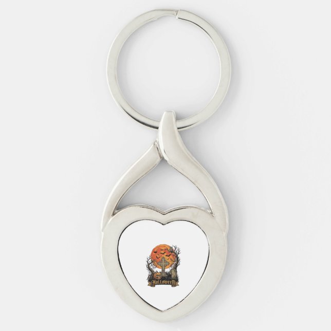 Halloween Cross Gravestone Skull Pumpkin Black Cat Keychain (Front)