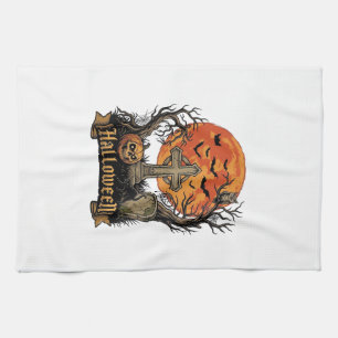 Halloween Cross Gravestone Skull Pumpkin Black Cat Kitchen Towel