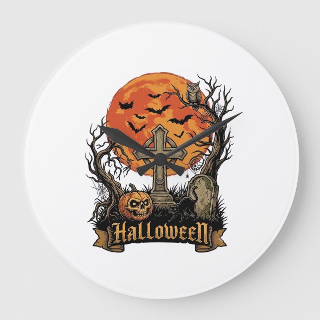 Halloween Cross Gravestone Skull Pumpkin Black Cat Large Clock (Front)