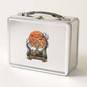 Halloween Cross Gravestone Skull Pumpkin Black Cat Metal Lunch Box