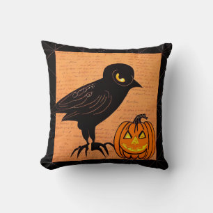 Halloween Crow and Pumpkin Nevermore by kedoki Throw Pillow