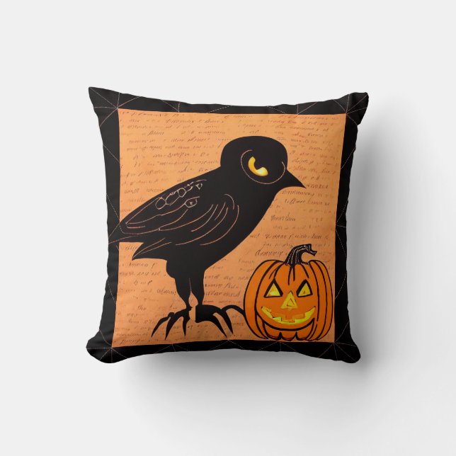 Halloween Crow and Pumpkin Nevermore by kedoki Throw Pillow (Front)