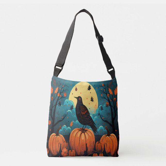 Halloween Crow in the Pumpkin Forest Crossbody Bag (Front)