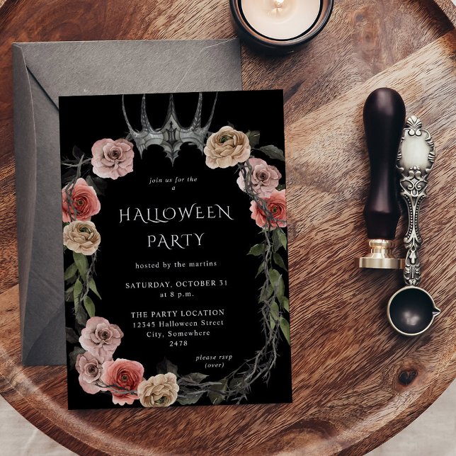 Halloween Crown Pink & Black Floral Halloween Invitation (Creator Uploaded)